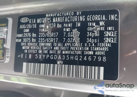 2017 Kia Sorento 2.4L Lx from USA, damaged, VIN 5XYPGDA35HG246798